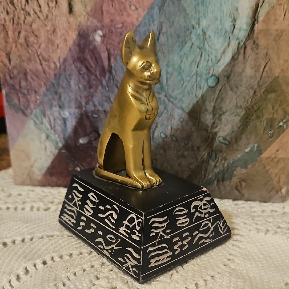 Brass Statue of Bastet the Egyptian Cat Goddess On Stone Carved Base